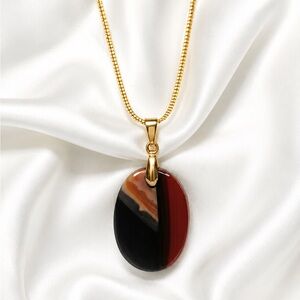 Banded Natural Agate Pendant Necklace Gold Tone Chain Handmade Statement Jewelry